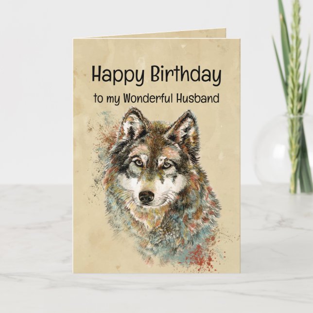 Tarjeta Feliz cumpleaños esposo lobo, lobos (Anverso)