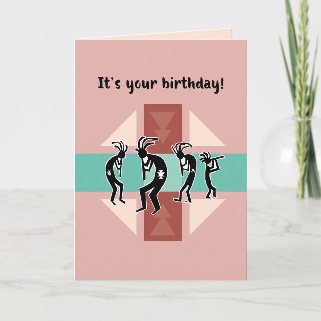 Tarjeta Feliz cumpleaños estilo suroeste con Kokopelli (Anverso)