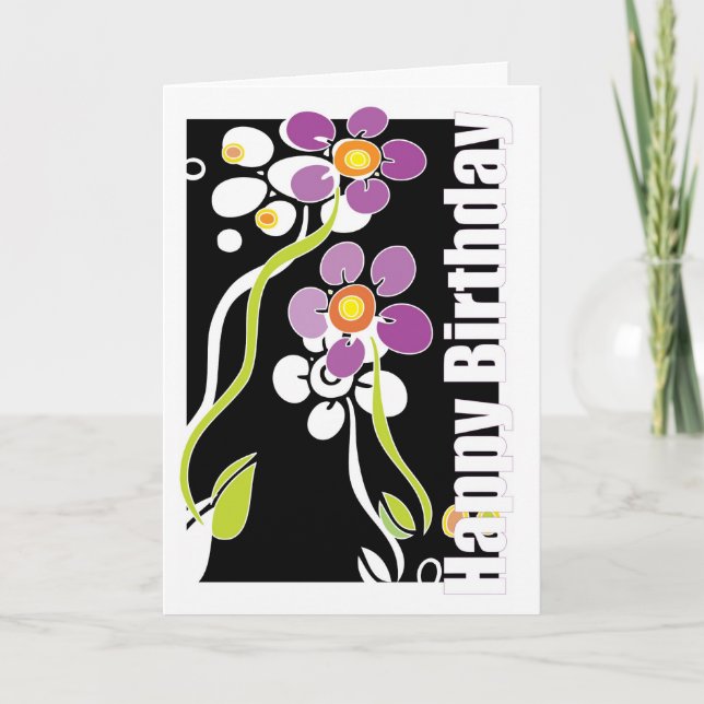 Tarjeta Feliz cumpleaños femenino, flores púrpuras (Anverso)