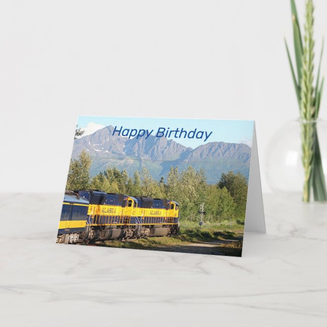 Tarjeta Feliz cumpleaños: Ferrocarril y montañas de Alaska (Anverso)