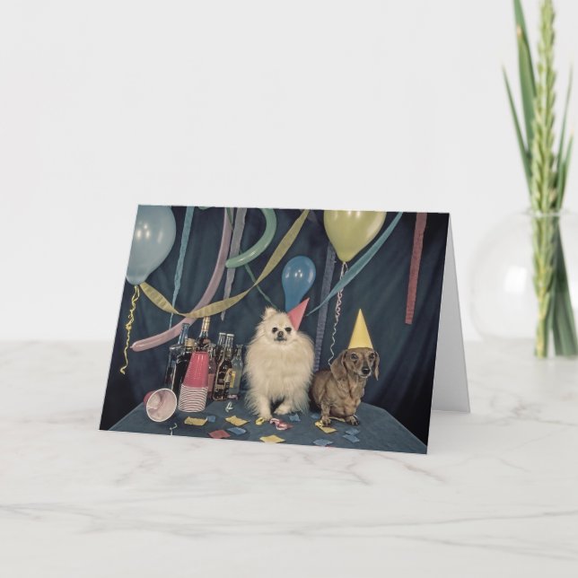 Tarjeta Feliz cumpleaños Fiesta con perros y bebidas (Anverso)