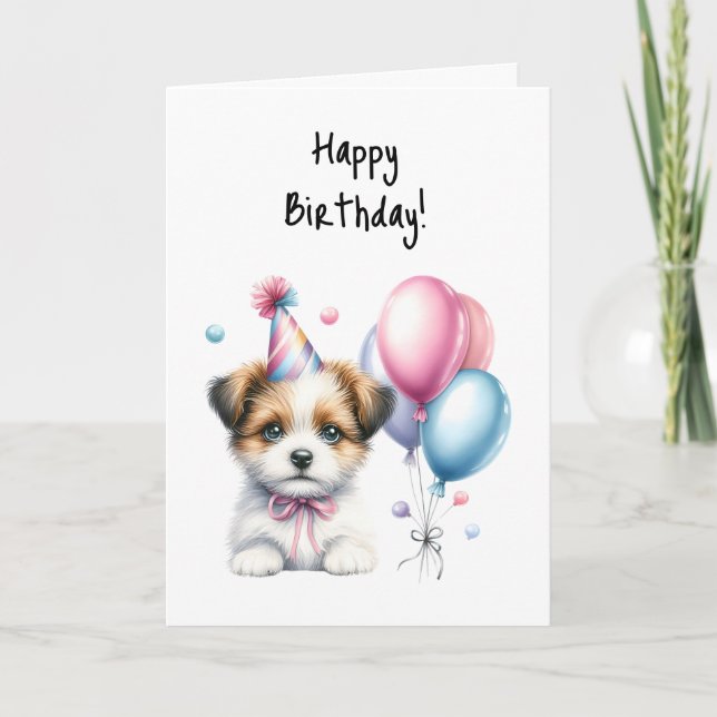 Tarjeta Feliz cumpleaños, Fiesta de marea de cachorro rosa (Anverso)