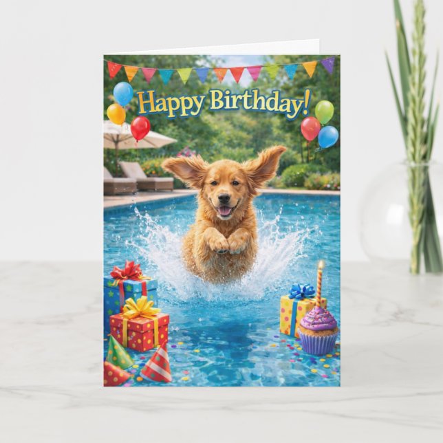 Tarjeta Feliz Cumpleaños Fiesta de Piscina con Cachorro en (Anverso)