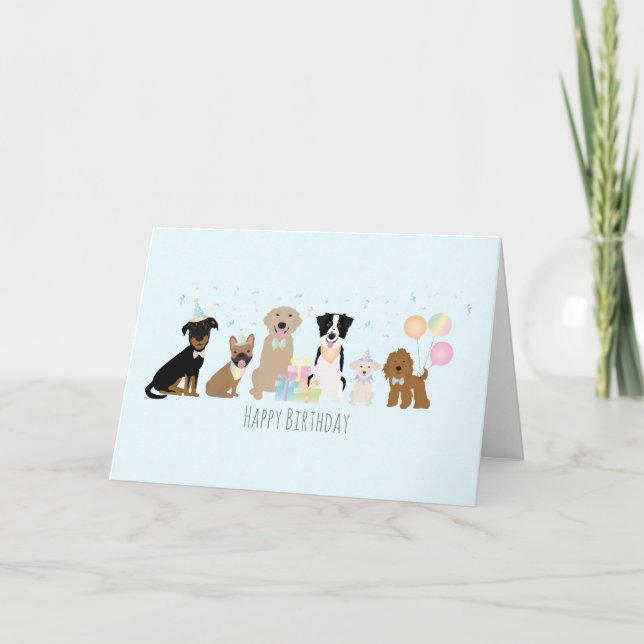 Tarjeta Feliz cumpleaños Fiesta perros azul (Anverso)