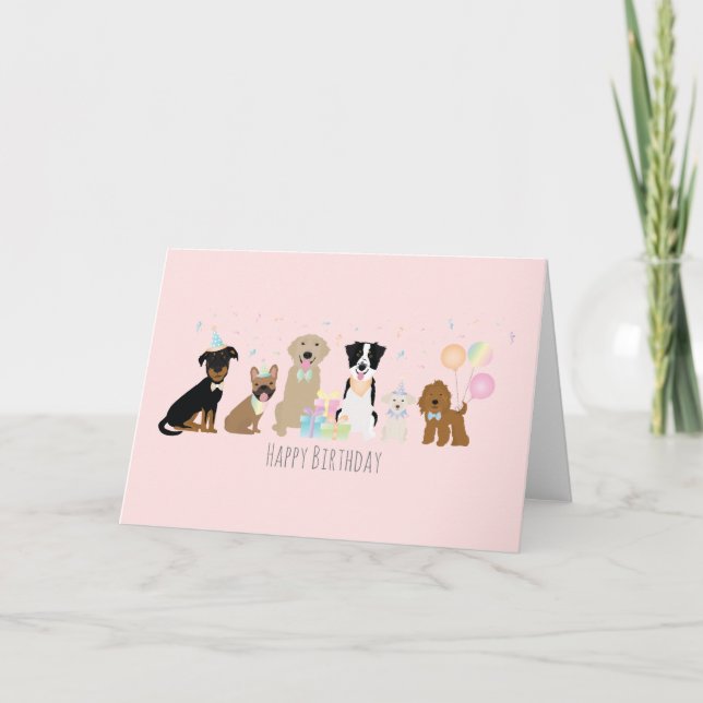 Tarjeta Feliz cumpleaños Fiesta perros rosados (Anverso)