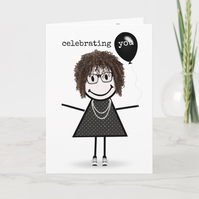 Tarjeta Feliz Cumpleaños Figura de Palitos con Globo (Anverso)
