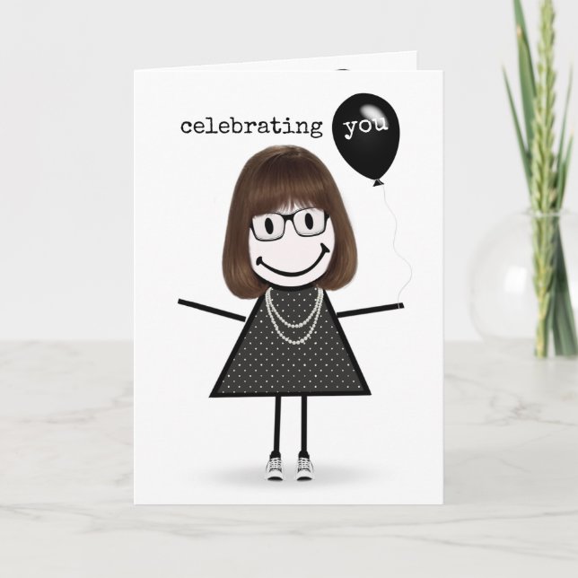 Tarjeta Feliz Cumpleaños Figura de Palitos con Globo (Anverso)