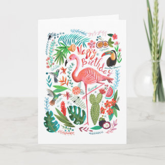 Tarjeta Feliz Cumpleaños Flamingo Tropical & Aves de la Ju