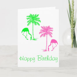 Tarjeta Feliz cumpleaños Flamingos Palm Trees Pink Green