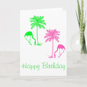 Tarjeta Feliz cumpleaños Flamingos Palm Trees Pink Green