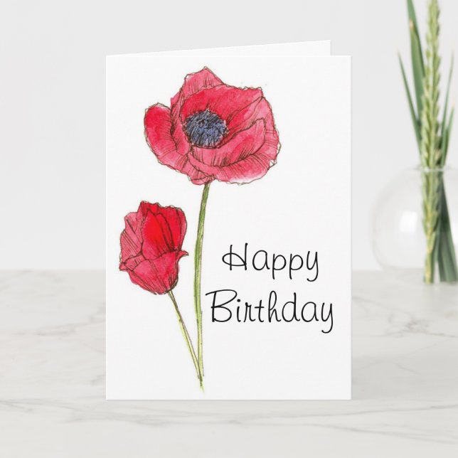 Tarjeta Feliz cumpleaños Flor de Adormidera Roja Arte Botá (Anverso)