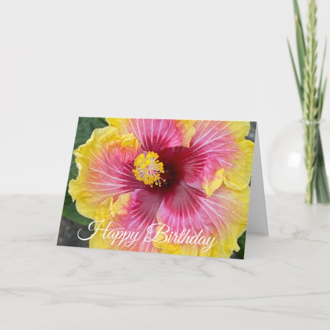 Tarjeta Feliz Cumpleaños Flor de Hibisco Rosa Amarillo (Anverso)