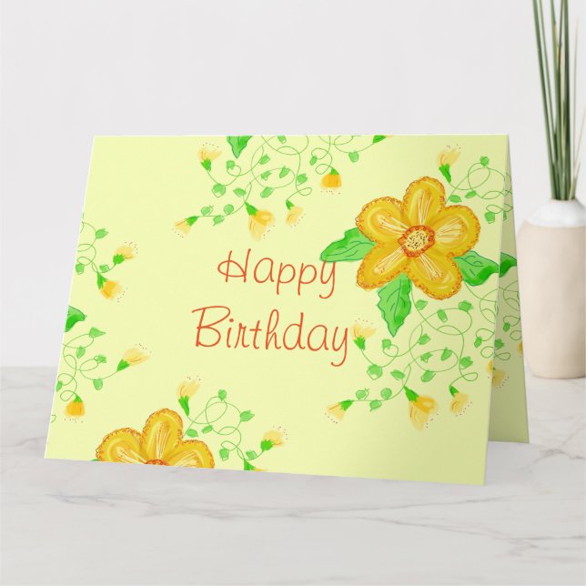 Tarjeta Feliz cumpleaños floral amarillo (Anverso)