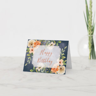 Tarjeta Feliz Cumpleaños Floral Azul y Naranja
