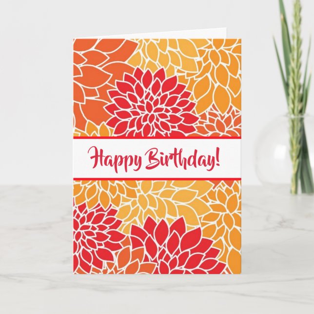 Tarjeta Feliz cumpleaños, floral roja y Naranja (Anverso)