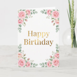 Tarjeta Feliz Cumpleaños Floral Rosa Acuarela Elegante Dor
