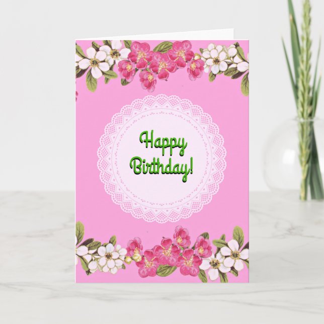 Tarjeta Feliz cumpleaños Floral rosa Doily Estilo de cosec (Anverso)