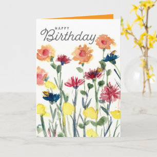 Tarjeta Feliz Cumpleaños Flores Acuarela Abejas Melíferas
