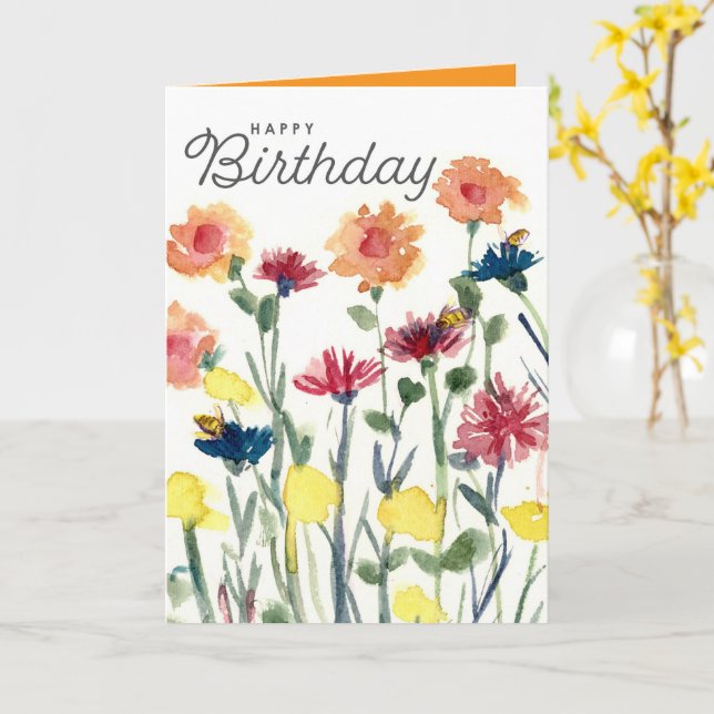 Tarjeta Feliz Cumpleaños Flores Acuarela Abejas Melíferas (flor amarilla)