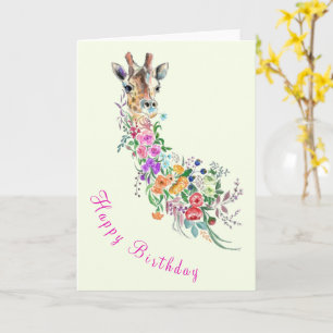 Tarjeta Feliz cumpleaños, flores coloridas Giraffe