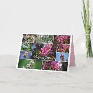 Tarjeta Feliz cumpleaños, flores de Apple y abejas de miel