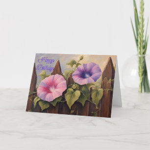 Tarjeta Feliz cumpleaños Flores de gloria moradas rosadas