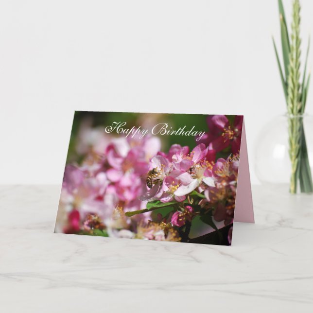 Tarjeta Feliz cumpleaños, flores de manzana, bebe de miel (Anverso)