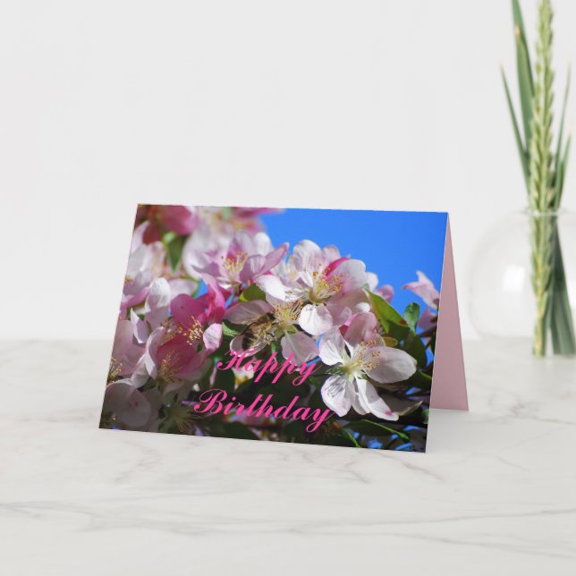 Tarjeta Feliz cumpleaños, flores de manzana y miel (Anverso)