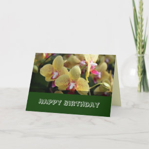 Tarjeta Feliz cumpleaños, flores de orquídea amarillas