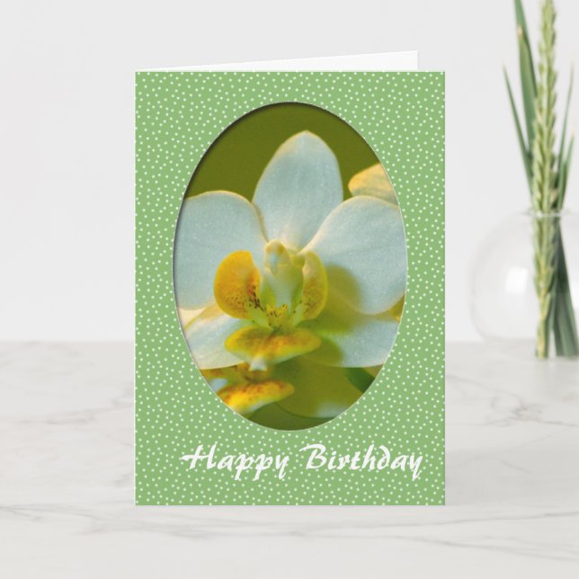 Tarjeta Feliz cumpleaños, flores de orquídea blancas en ma (Anverso)