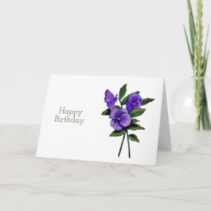Tarjeta Feliz cumpleaños, flores púrpuras del pensamiento,