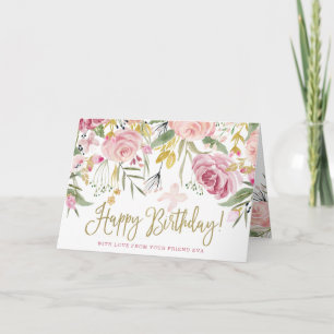 Tarjeta Feliz cumpleaños Flores rosadas de oro y Rubor