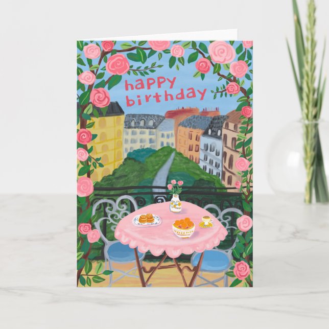 Tarjeta FELIZ CUMPLEAÑOS Flores Terraza Tea Time París (Anverso)