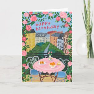 Tarjeta FELIZ CUMPLEAÑOS Flores Terraza Tea Time París