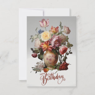 Tarjeta Feliz cumpleaños, flores victorianas en la bolsa
