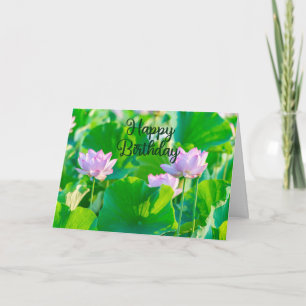 Tarjeta Feliz Cumpleaños Flores y Hojas de Loto Rosadas 