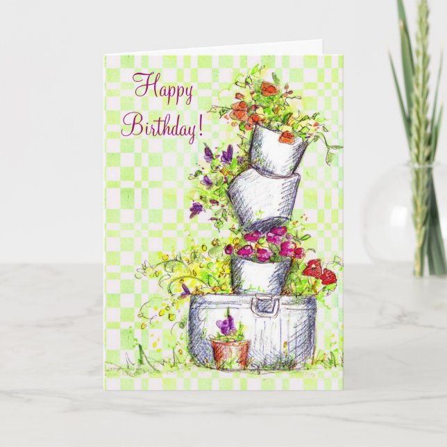 Tarjeta Feliz cumpleaños Flower Bucket Cottage Garden Art (Anverso)