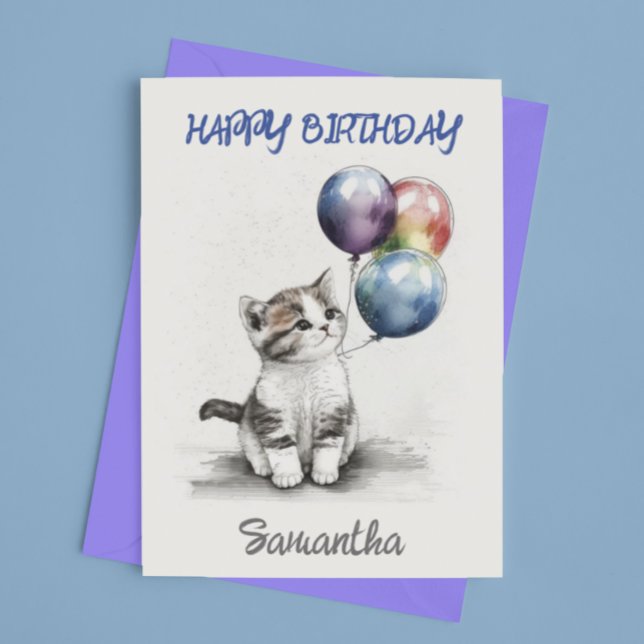 Tarjeta Feliz Cumpleaños Gatito Adorable con Globos  (Subido por el creador)