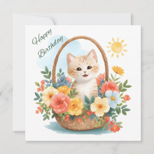 Tarjeta Feliz Cumpleaños Gatito Adorable en Cesta de Flore