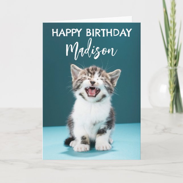 Tarjeta Feliz Cumpleaños | Gatito bebé maullando (Anverso)