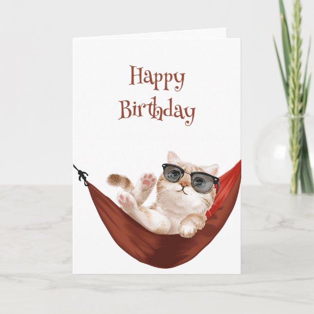 Tarjeta Feliz cumpleaños gatito fácil con humor de hamaca (Anverso)
