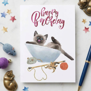 Tarjeta Feliz Cumpleaños Gatito Siamés Acuarela Lindo Gato