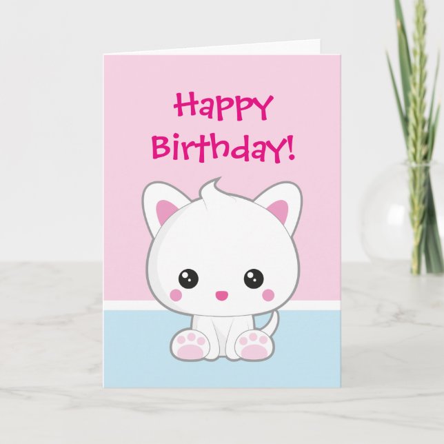 Tarjeta Feliz cumpleaños Gato Blanco Kawaii (Anverso)