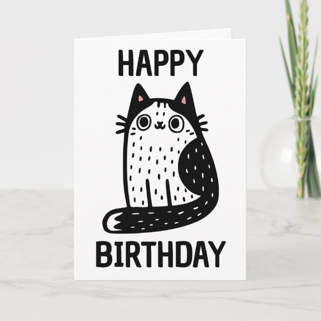 Tarjeta Feliz Cumpleaños Gato Blanco Y Negro (Anverso)