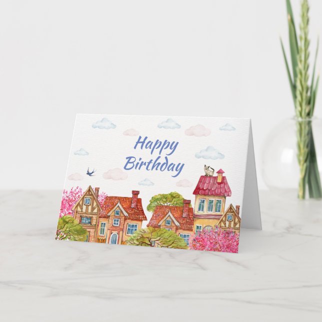 Tarjeta Feliz Cumpleaños Gato en el Tejado  (Anverso)