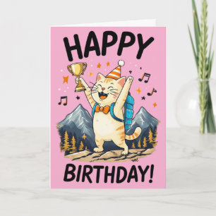 Tarjeta Feliz Cumpleaños Gato Montañero con Trofeo y Cumbr