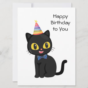 Tarjeta Feliz cumpleaños, gato negro con Gorra Fiesta
