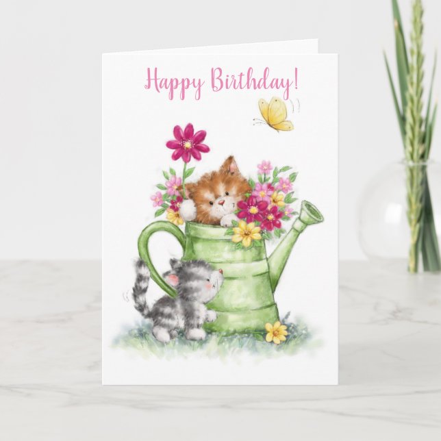 Tarjeta Feliz cumpleaños, gatos lindos con agua. (Anverso)