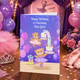 Tarjeta Feliz Cumpleaños Gemelas Osito Bailarina