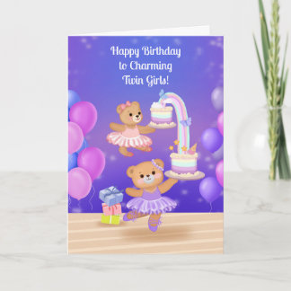 Tarjeta Feliz Cumpleaños Gemelas Osito Bailarina 